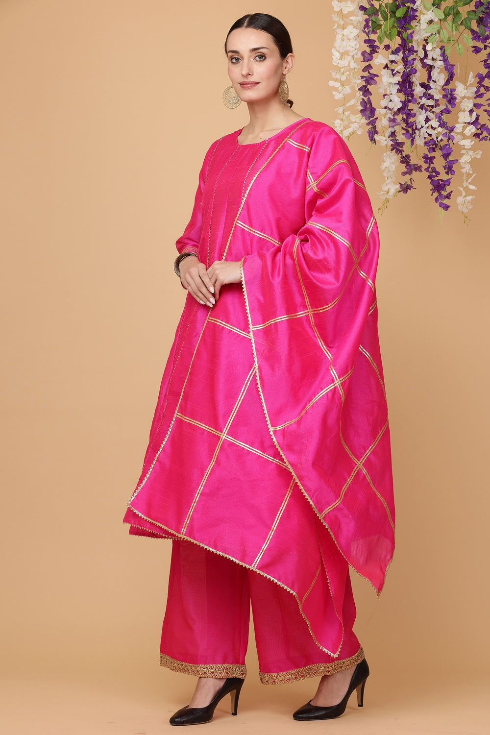 Pink Silk Kurta Set With Gota Work