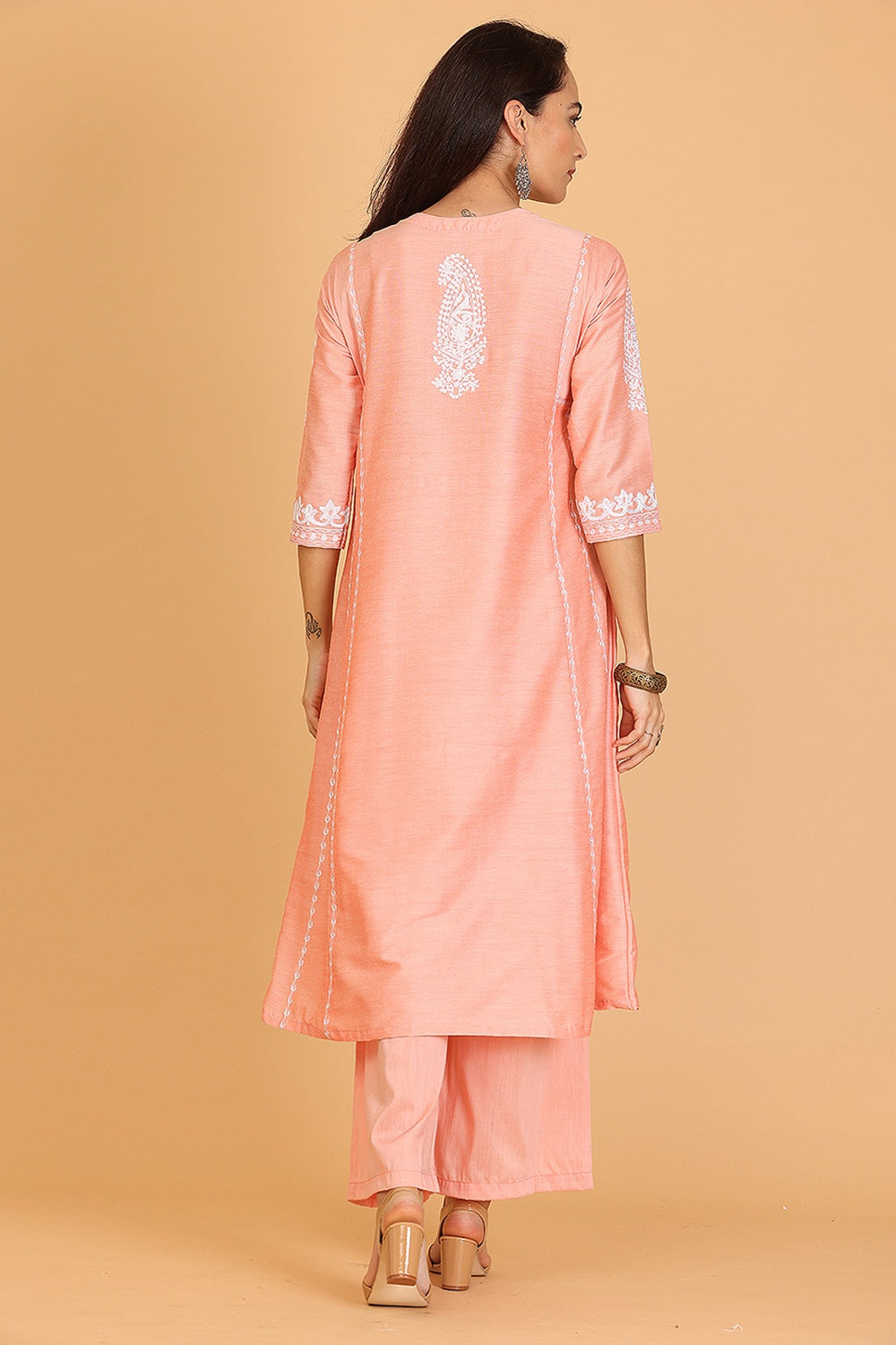 Peach Cotton Silk Kurta Set With Embroidery