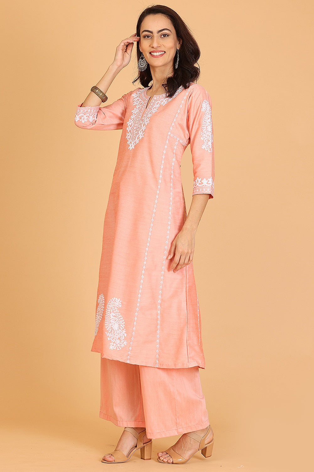 Peach Cotton Silk Kurta Set With Embroidery