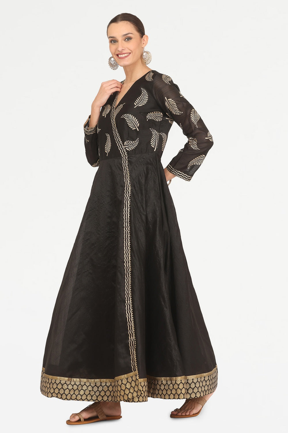 Black Silk Anarkali With Block Print
