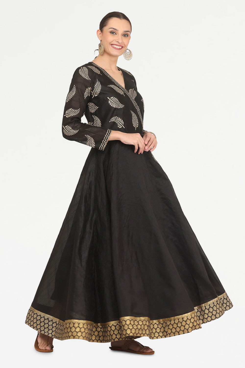 Black Silk Anarkali With Block Print