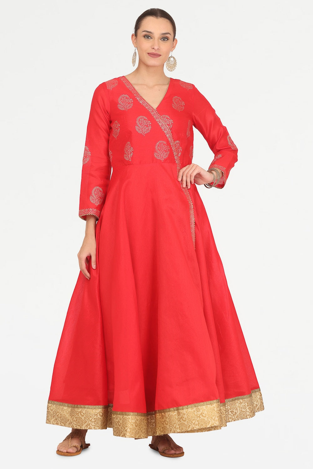 Red Silk Anarkali With Block Print
