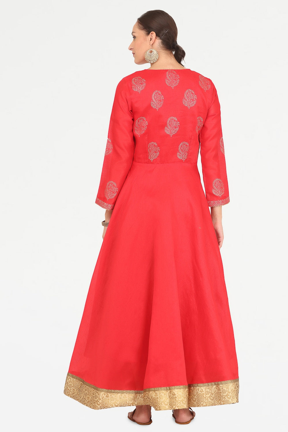 Red Silk Anarkali With Block Print