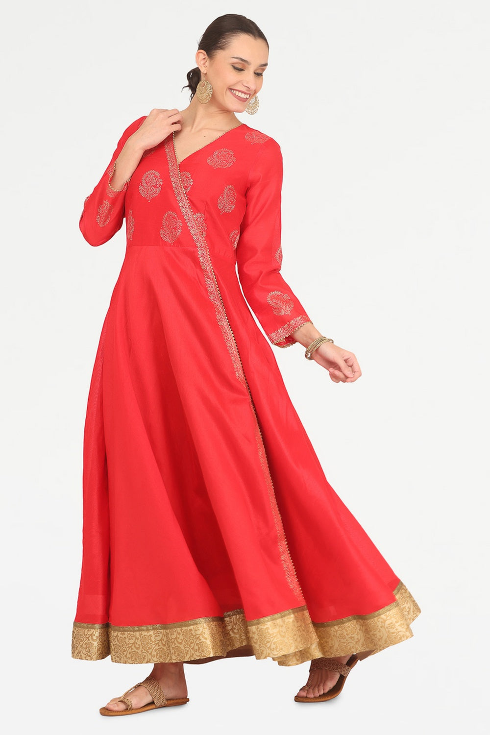 Red Silk Anarkali With Block Print