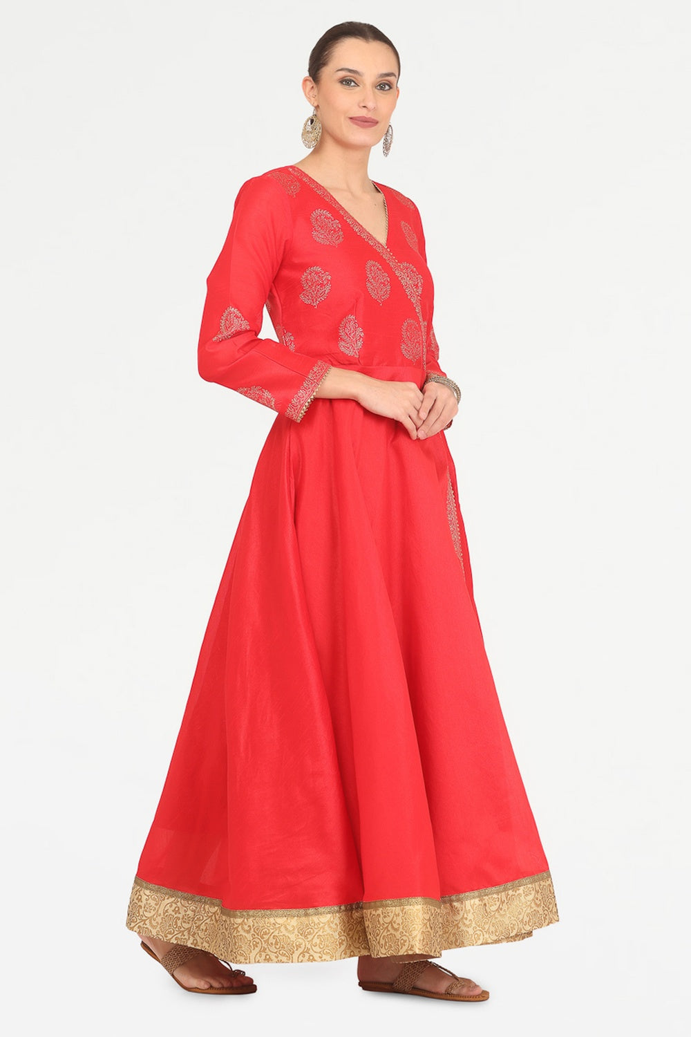 Red Silk Anarkali With Block Print