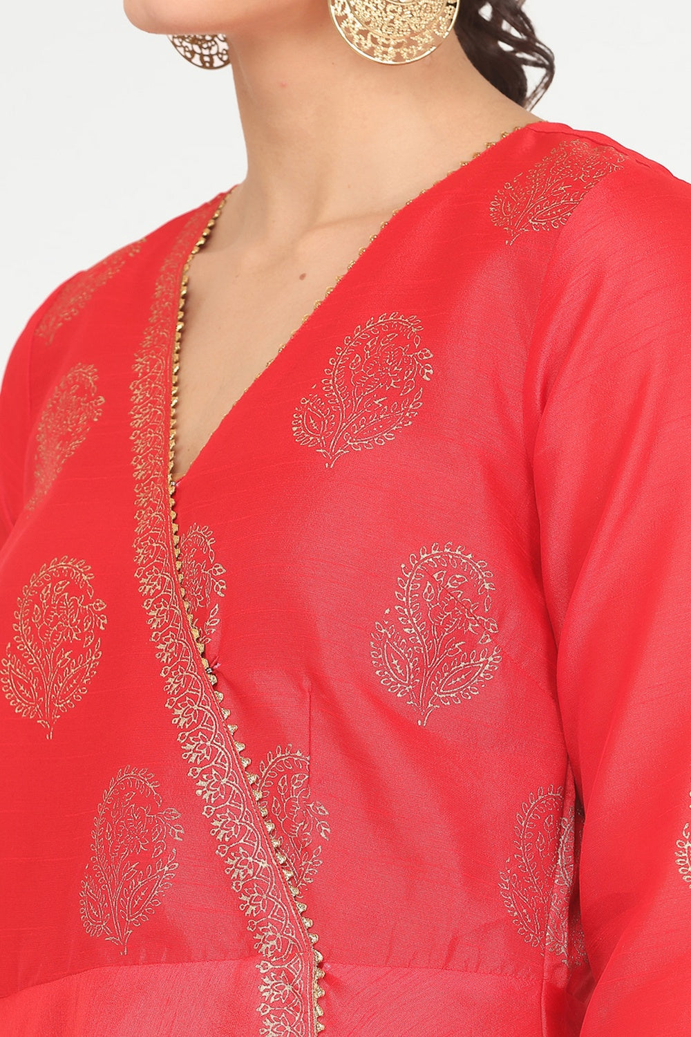 Red Silk Anarkali With Block Print