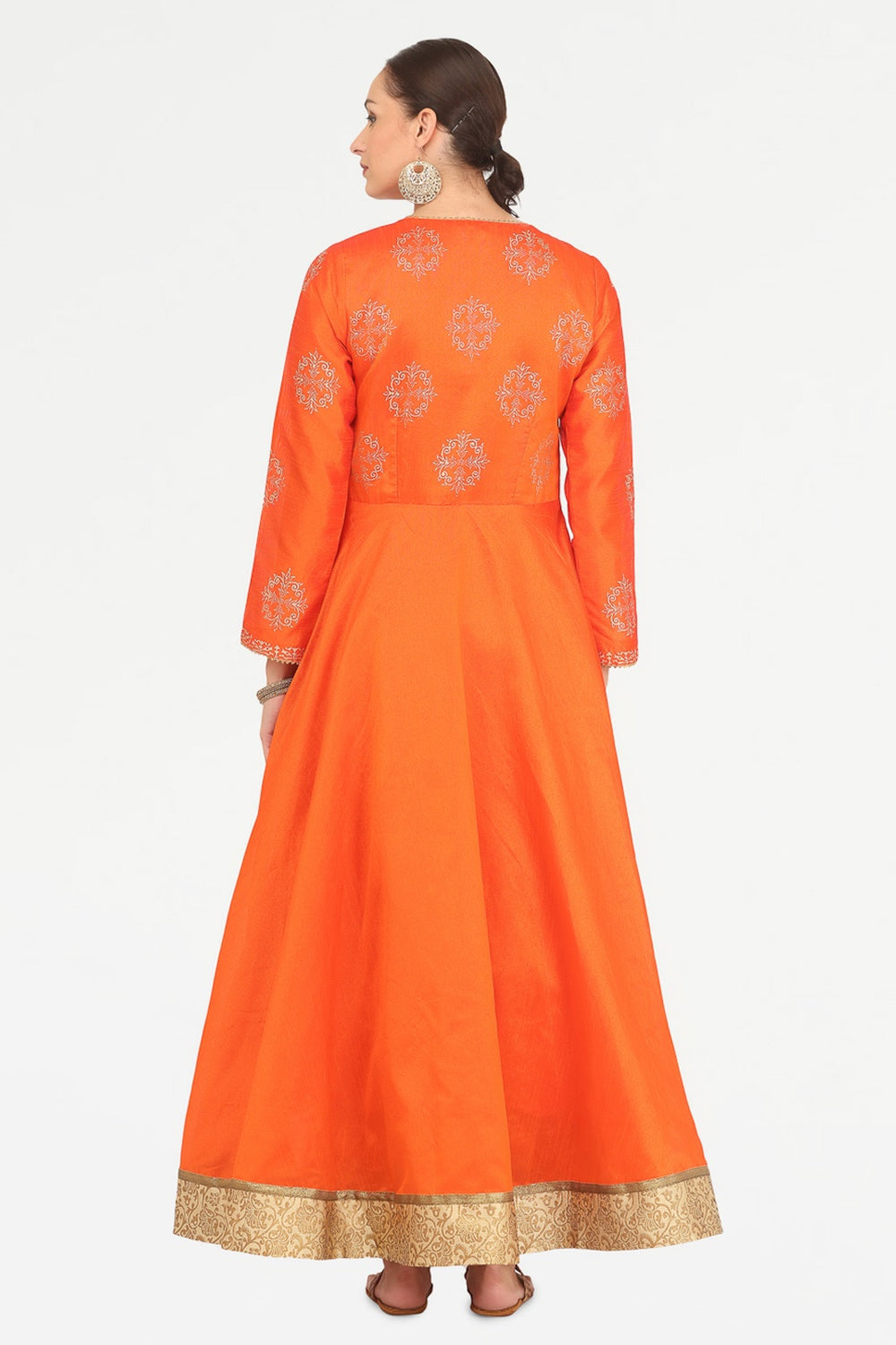 Orange Silk Anarkali With Block Print