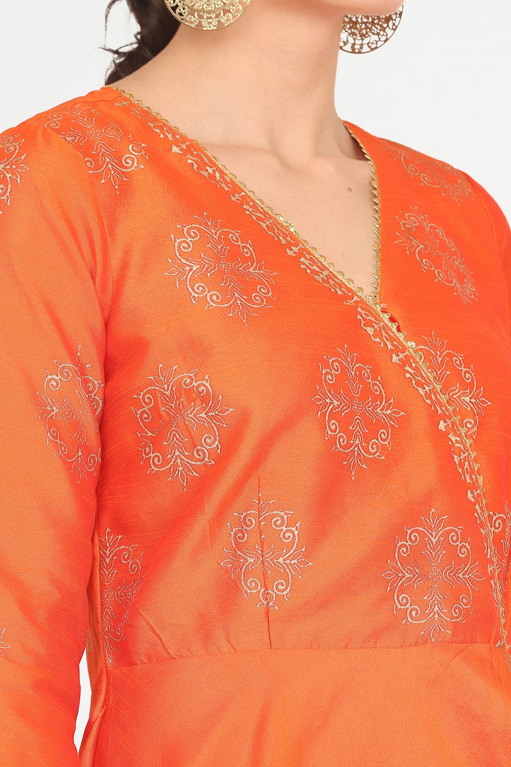 Orange Silk Anarkali With Block Print
