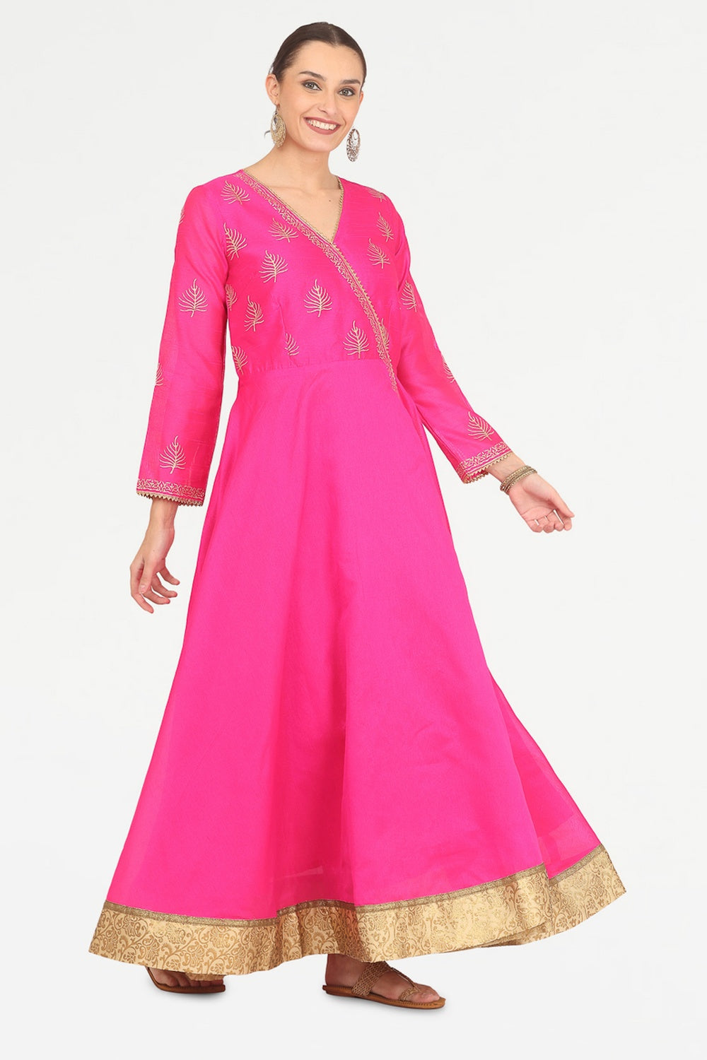 Pink Silk Anarkali With Block Print