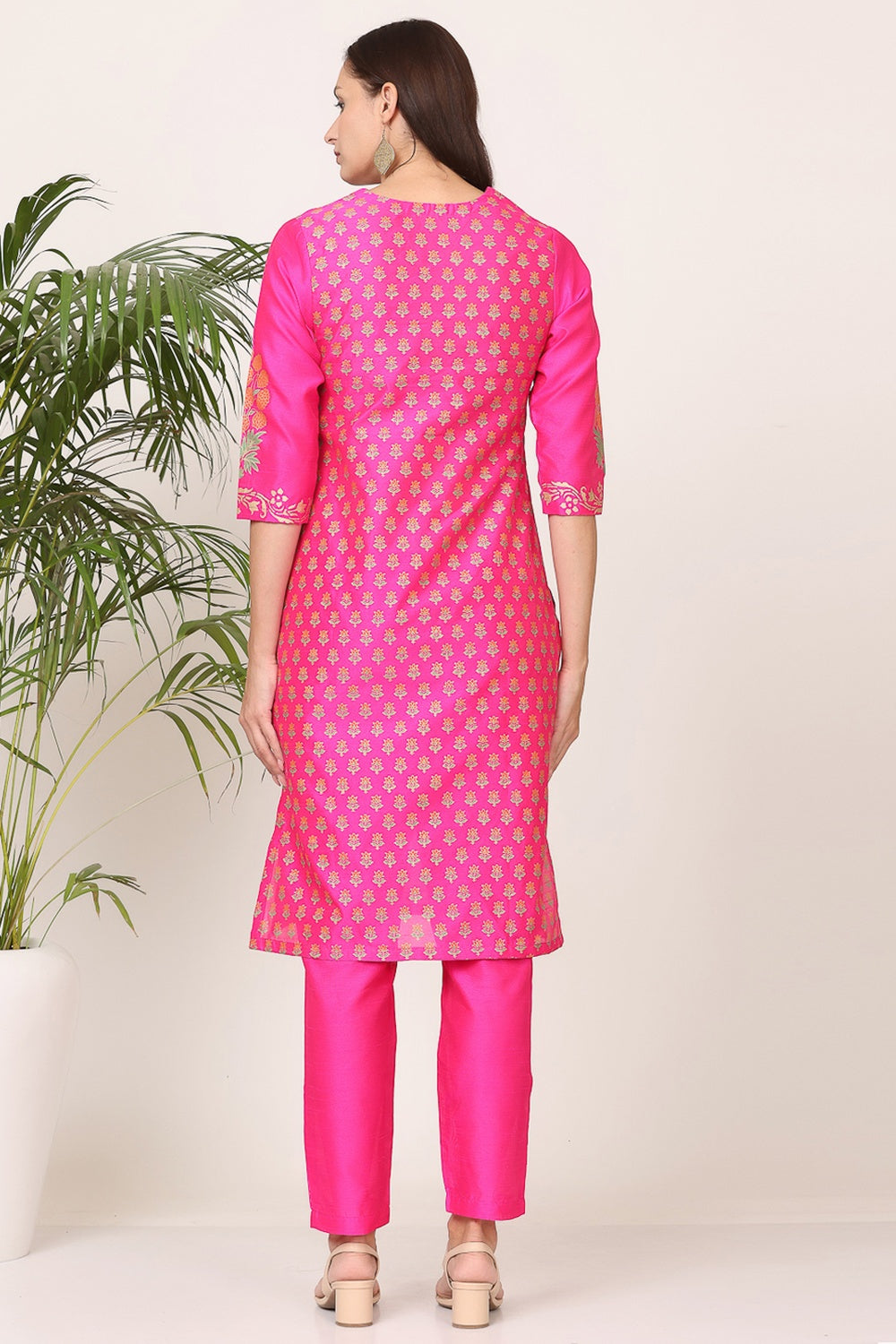 Pink Silk Kurta Set With Block Print