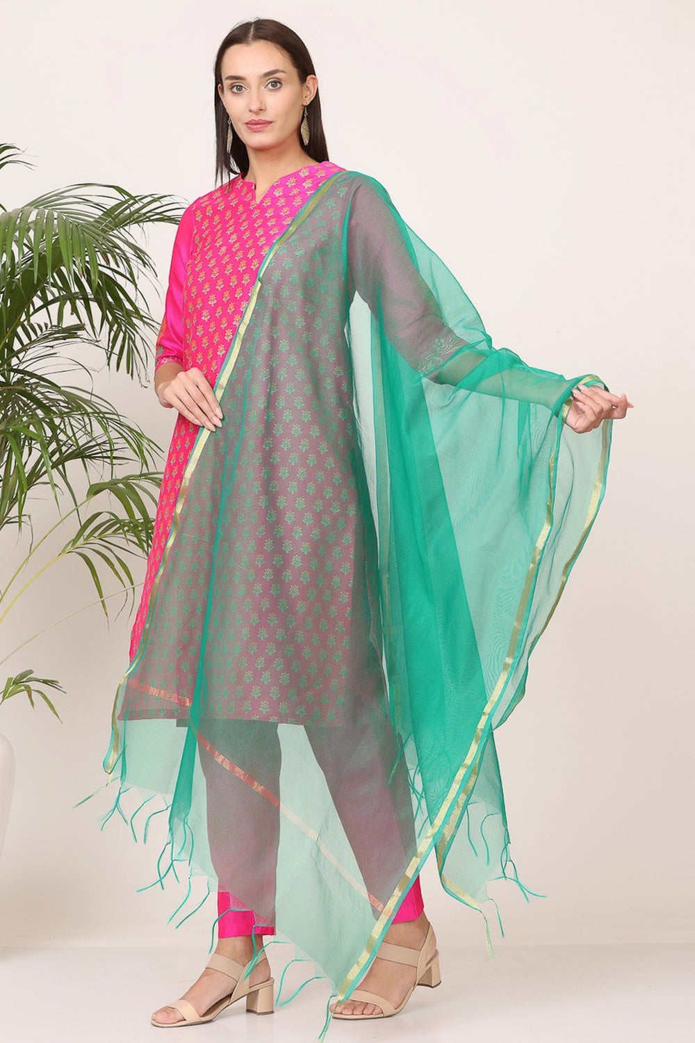 Pink Silk Kurta Set With Block Print