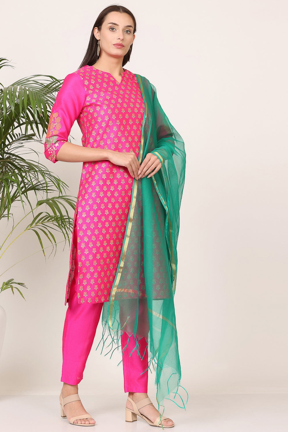 Pink Silk Kurta Set With Block Print