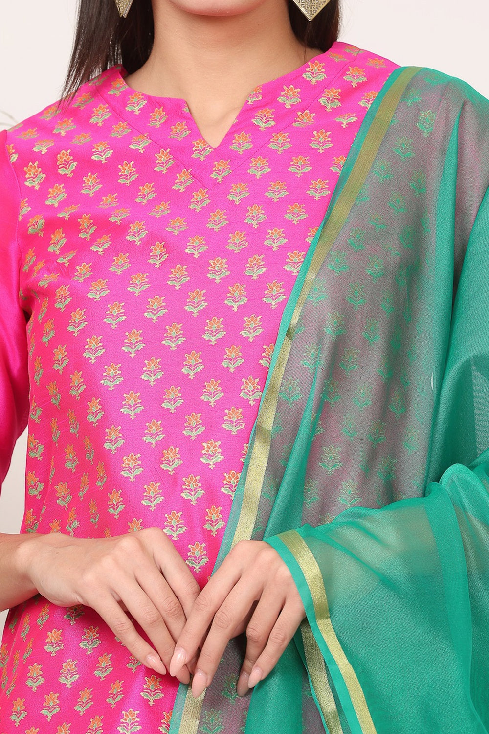 Pink Silk Kurta Set With Block Print