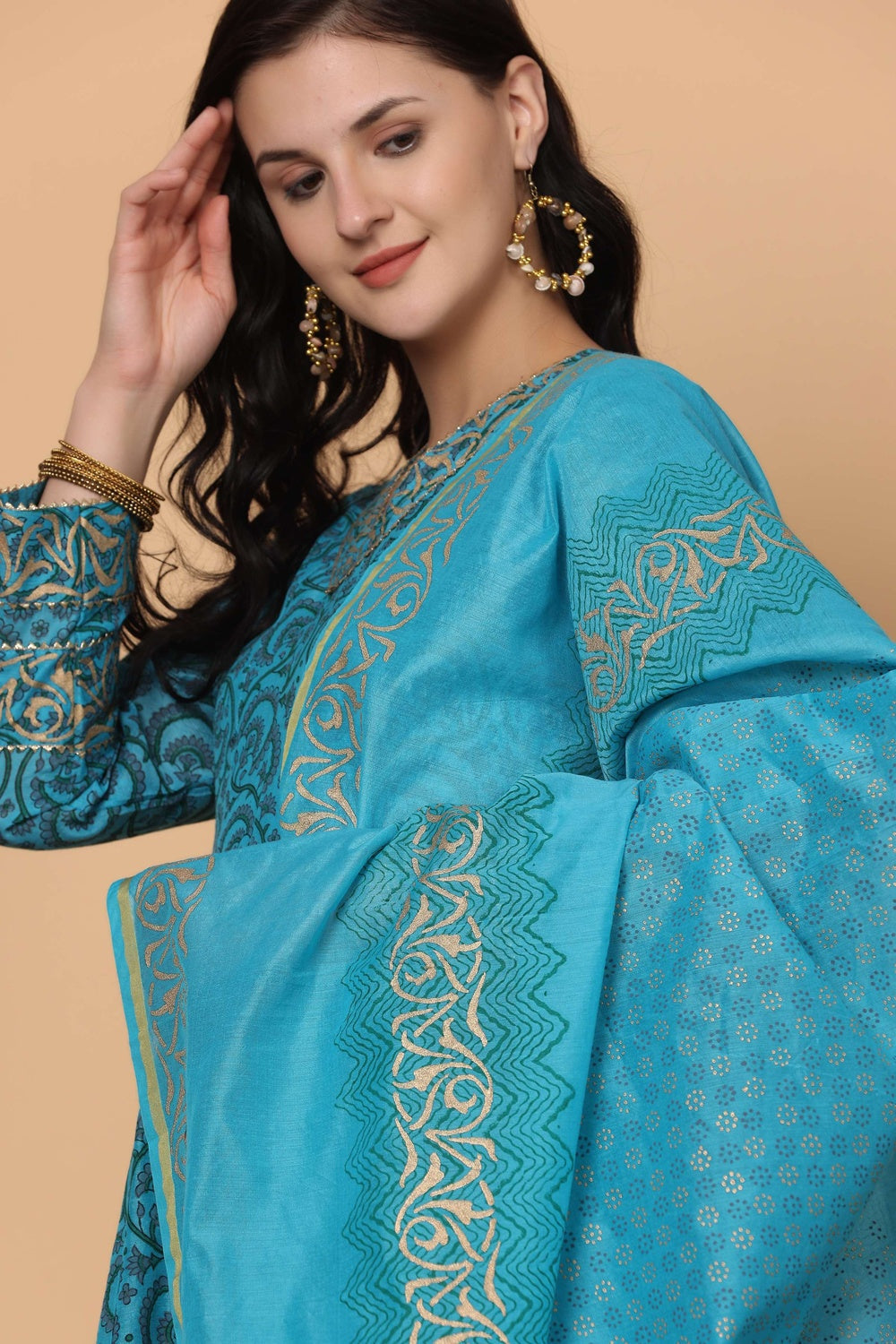 Turquoise Chanderi Kurta Set With Block Print