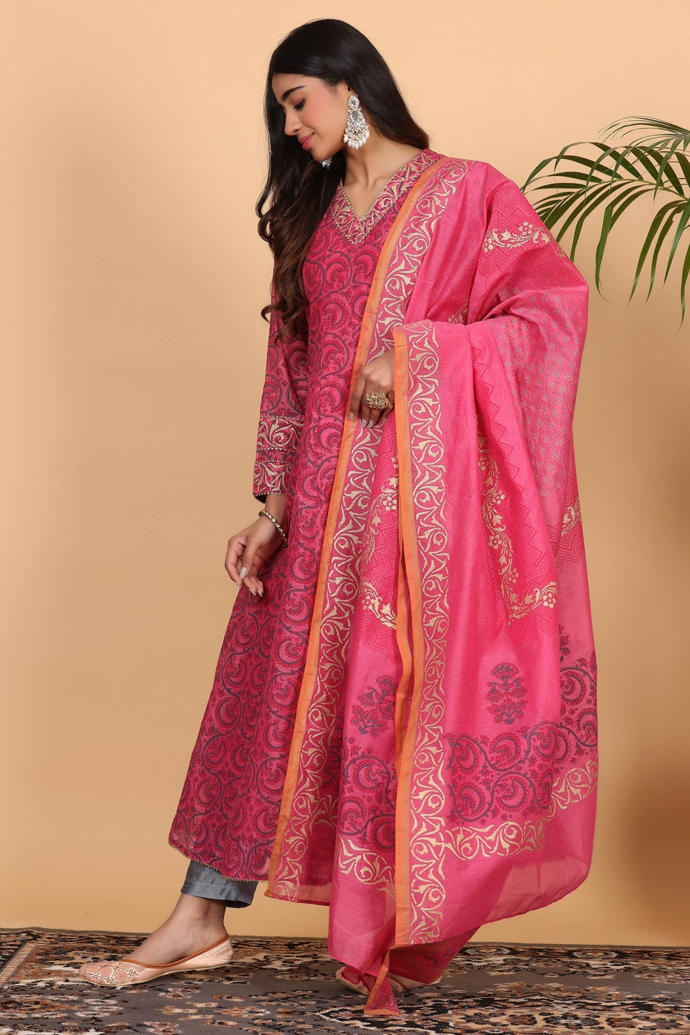 Pink Chanderi Kurta Set With Block Print