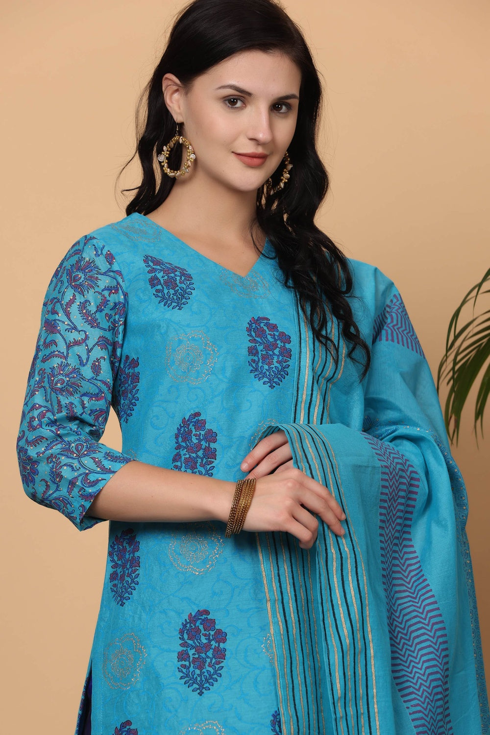 Turquoise Chanderi Kurta Set With Block Print