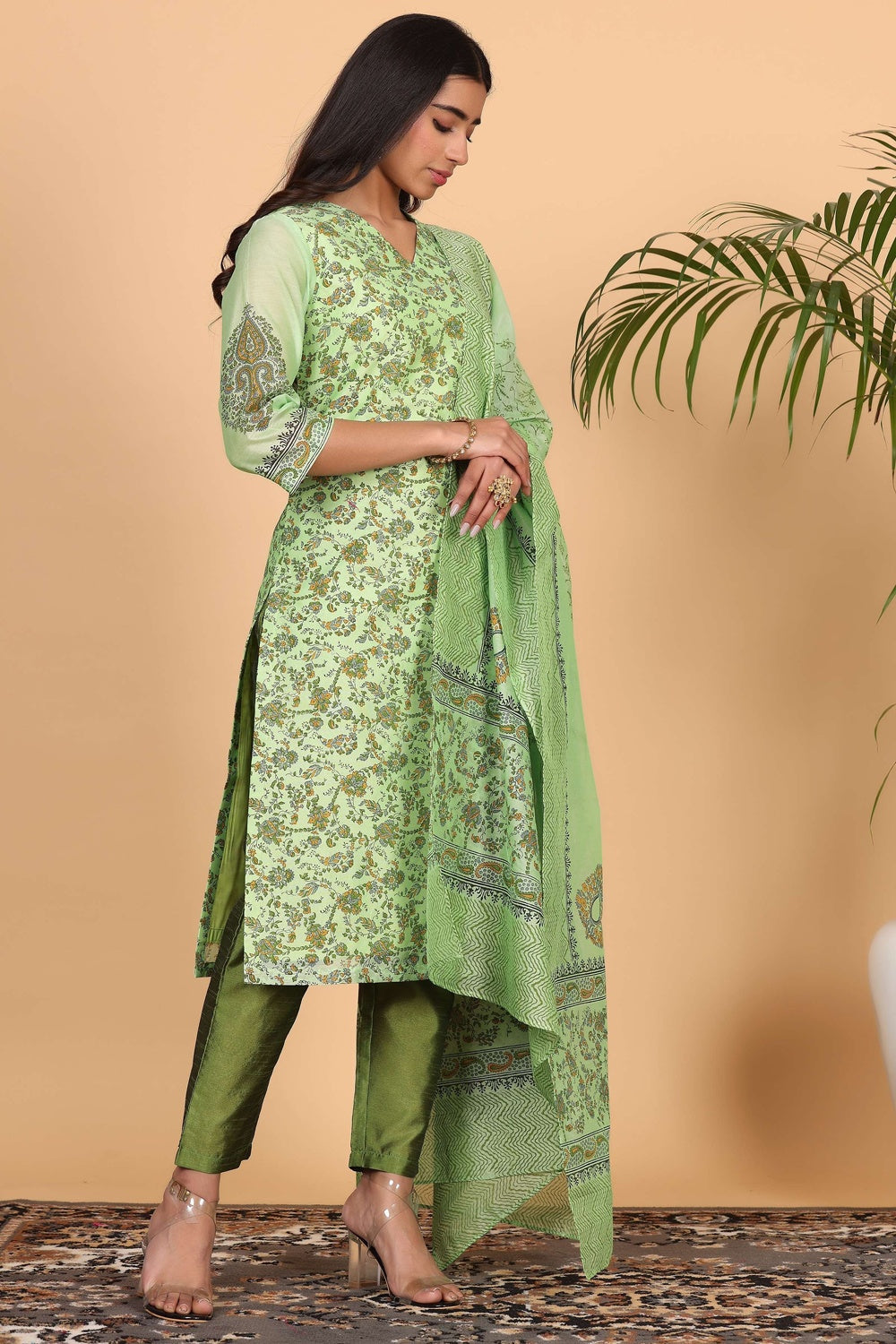 Green Chanderi Kurta Set With Block Print