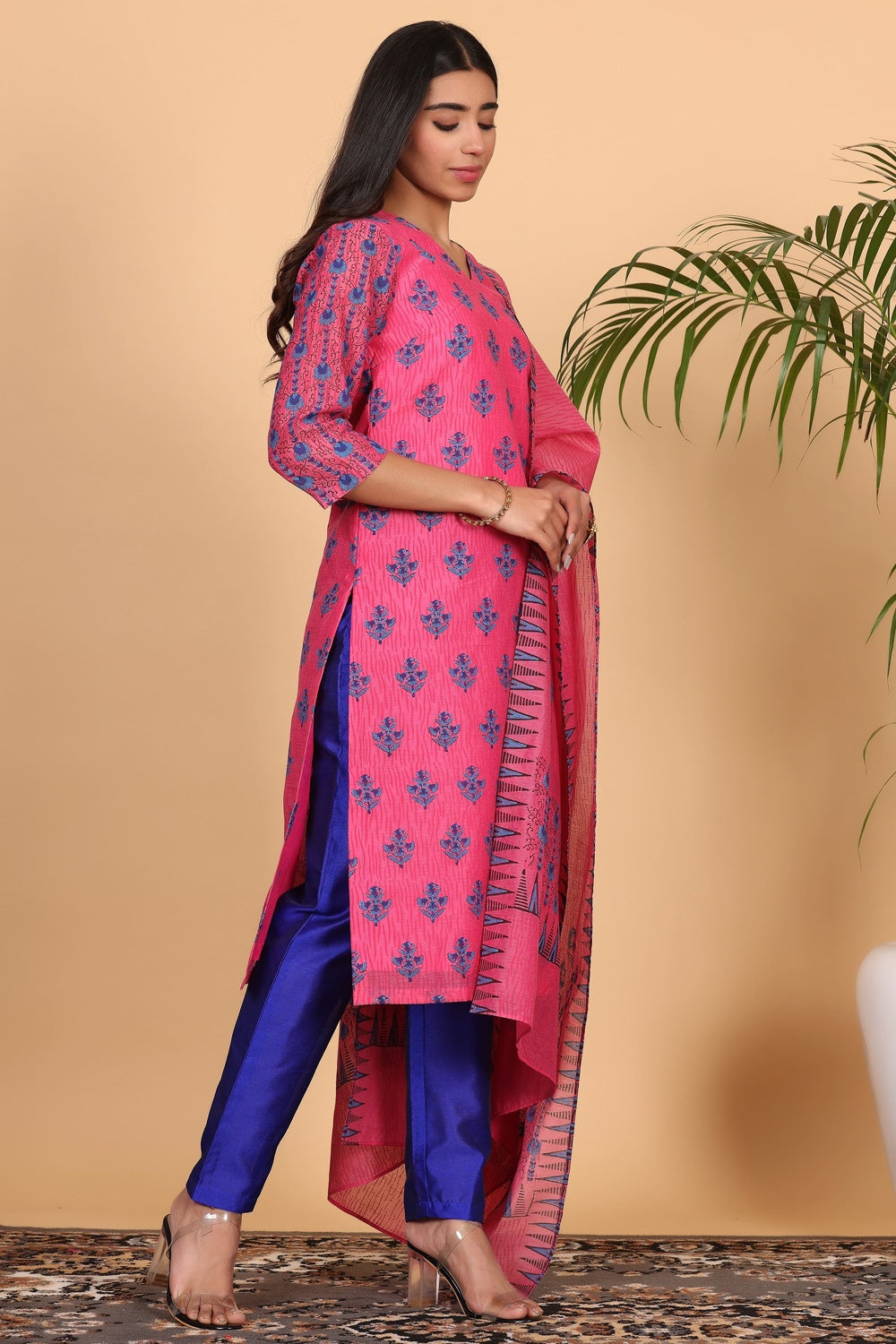 Pink Chanderi Kurta Set With Block Print
