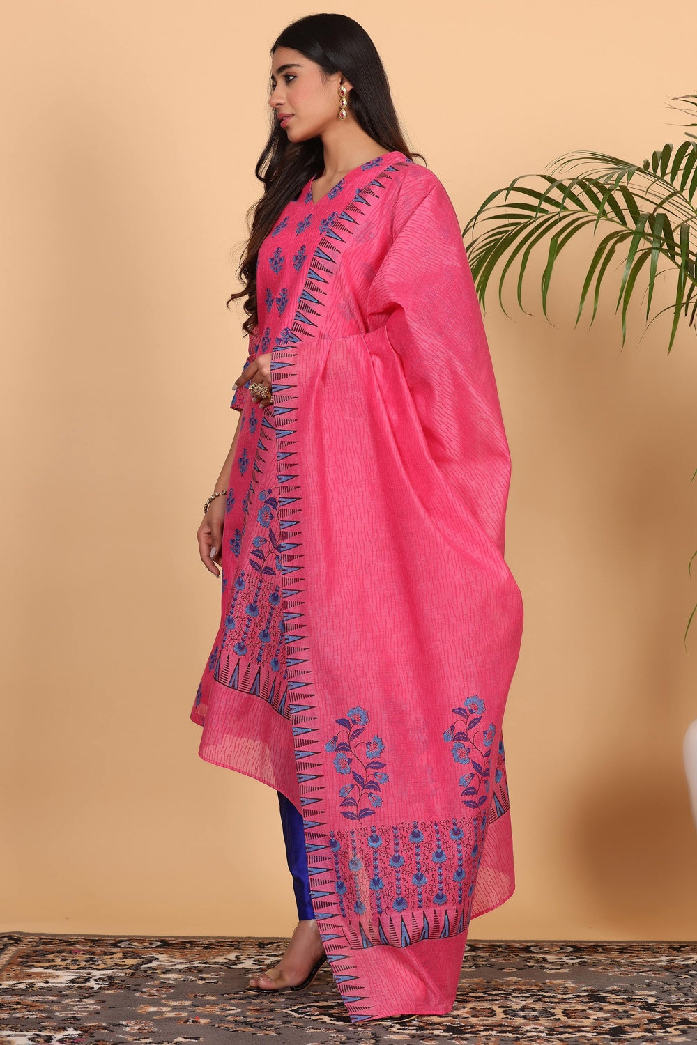 Pink Chanderi Kurta Set With Block Print