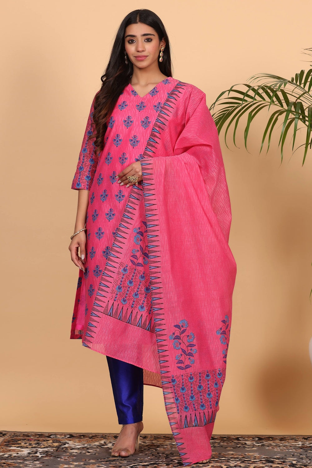 Pink Chanderi Kurta Set With Block Print