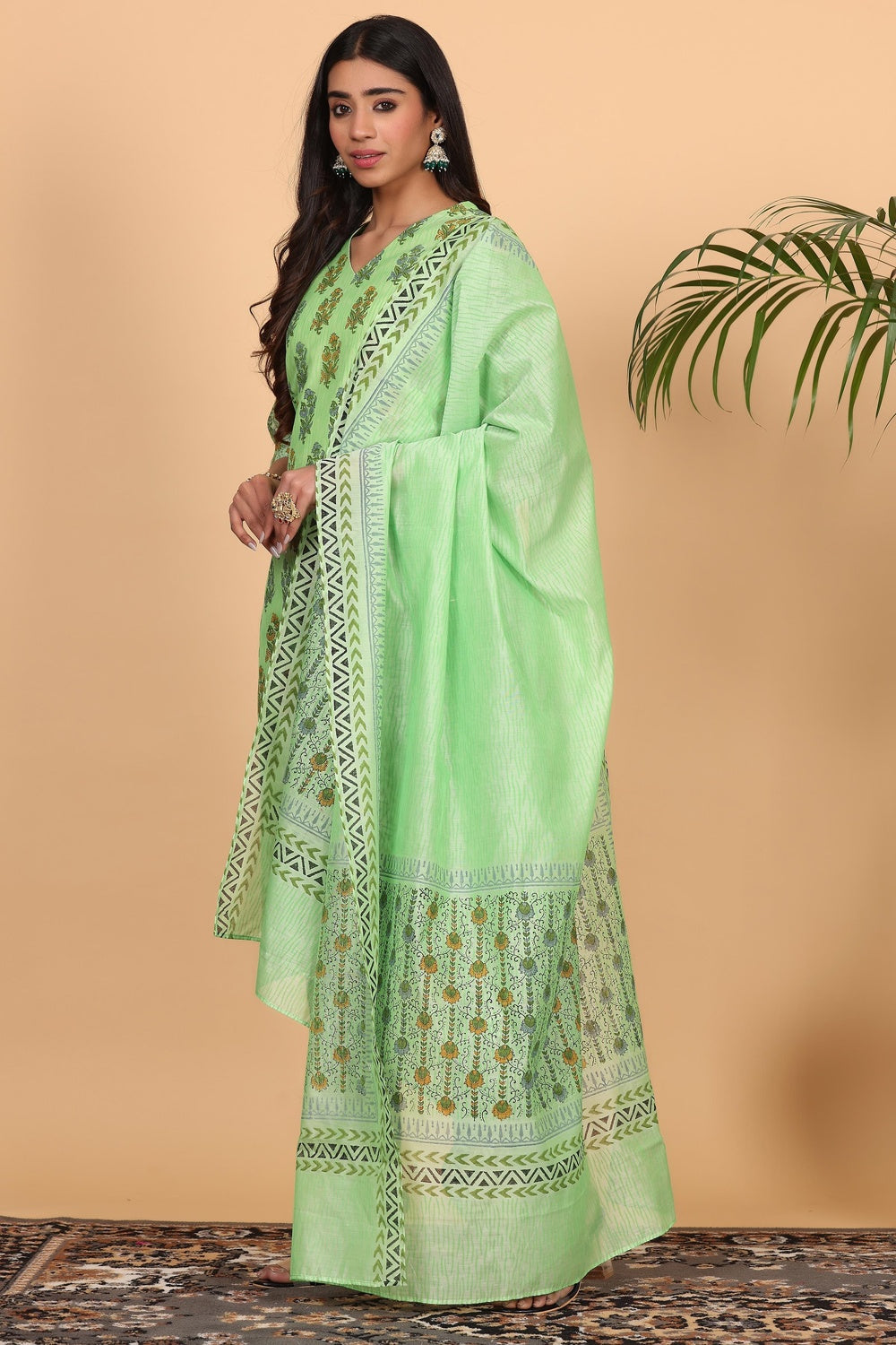 Green Chanderi Kurta Set With Block Print