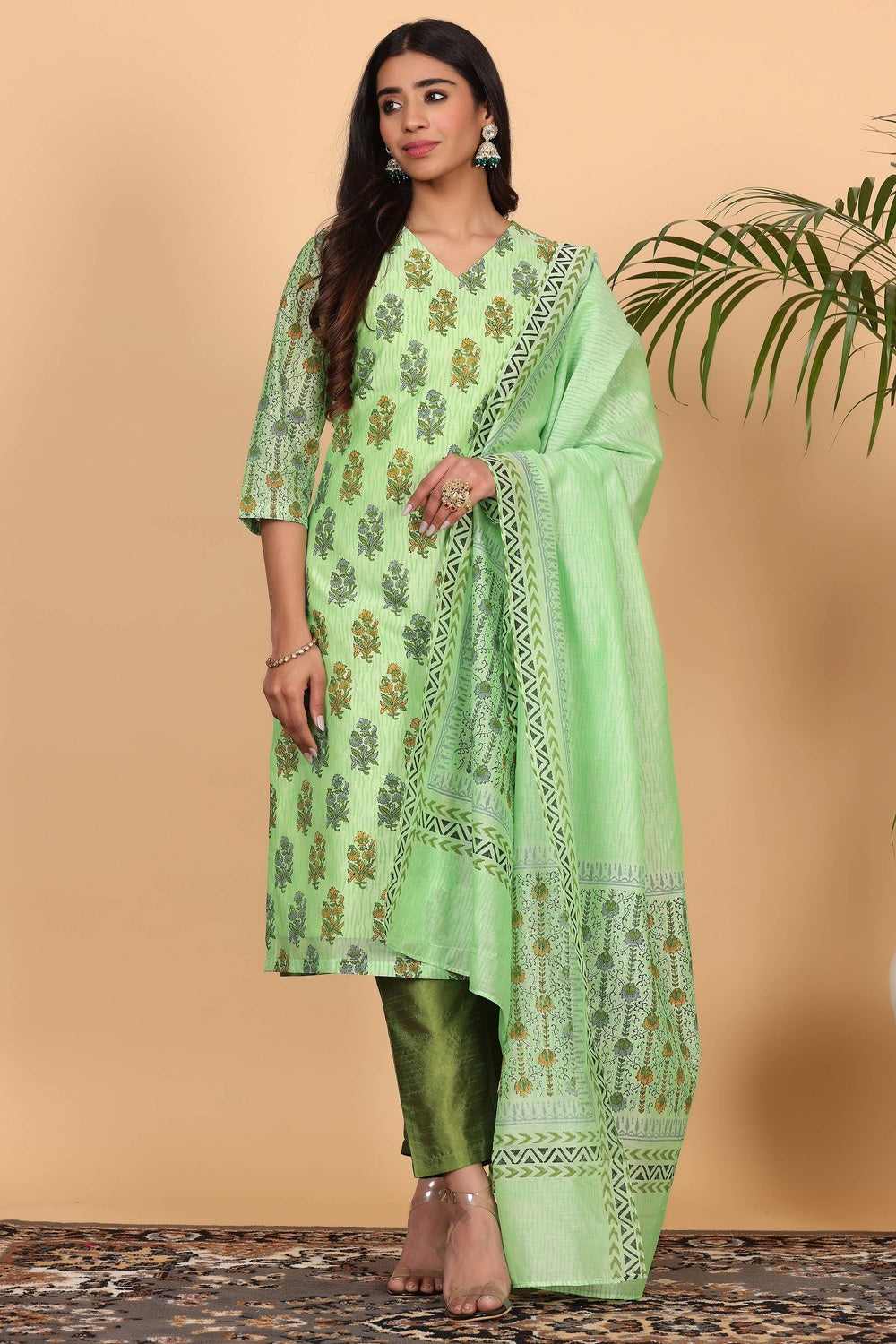 Green Chanderi Kurta Set With Block Print