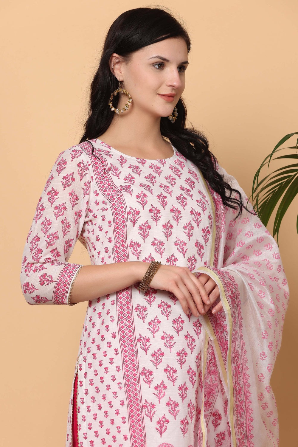 White Cotton Kurta Set With Block Print