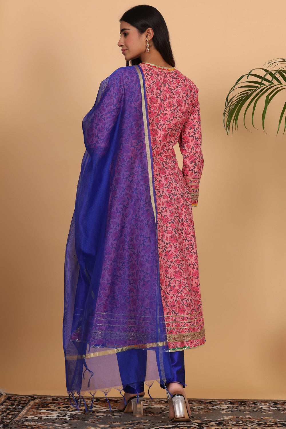 Pink Cotton Anarkali With Block Print