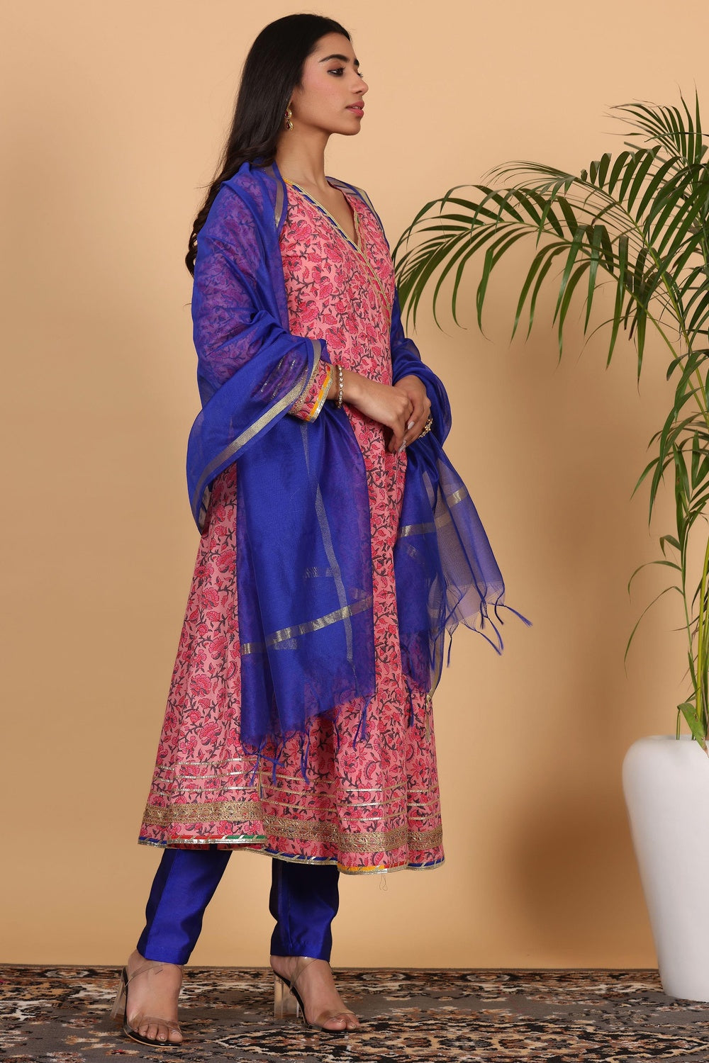 Pink Cotton Anarkali With Block Print