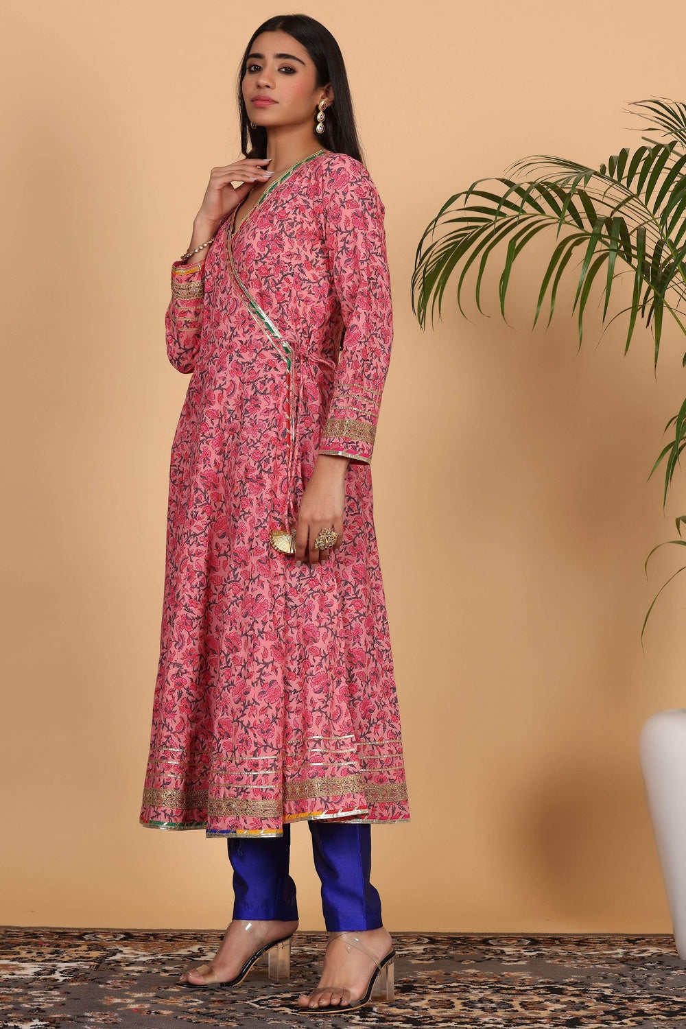 Pink Cotton Anarkali With Block Print