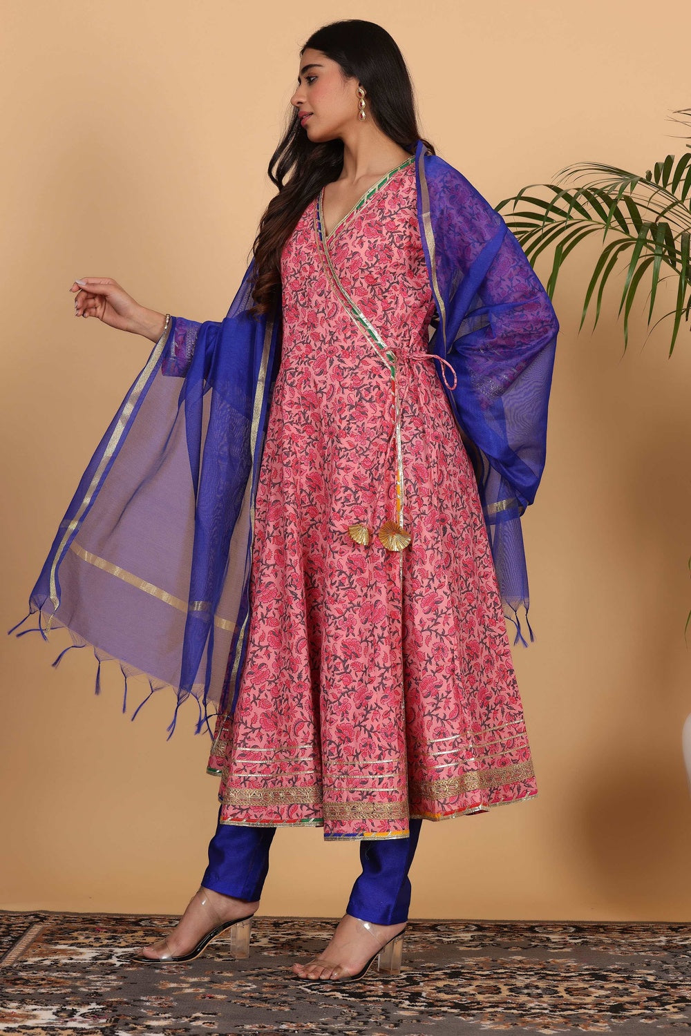 Pink Cotton Anarkali With Block Print