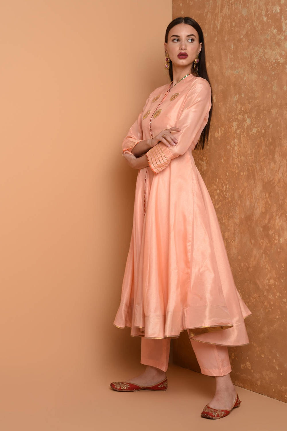 Peach Silk Kurta Set With Peach Work