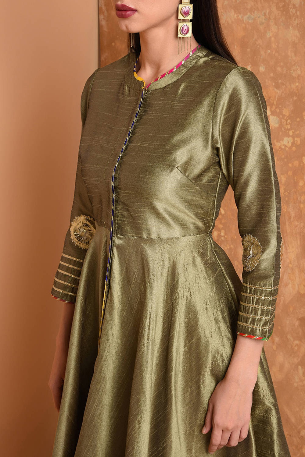 Beige Silk Kurta Set With Peach Work