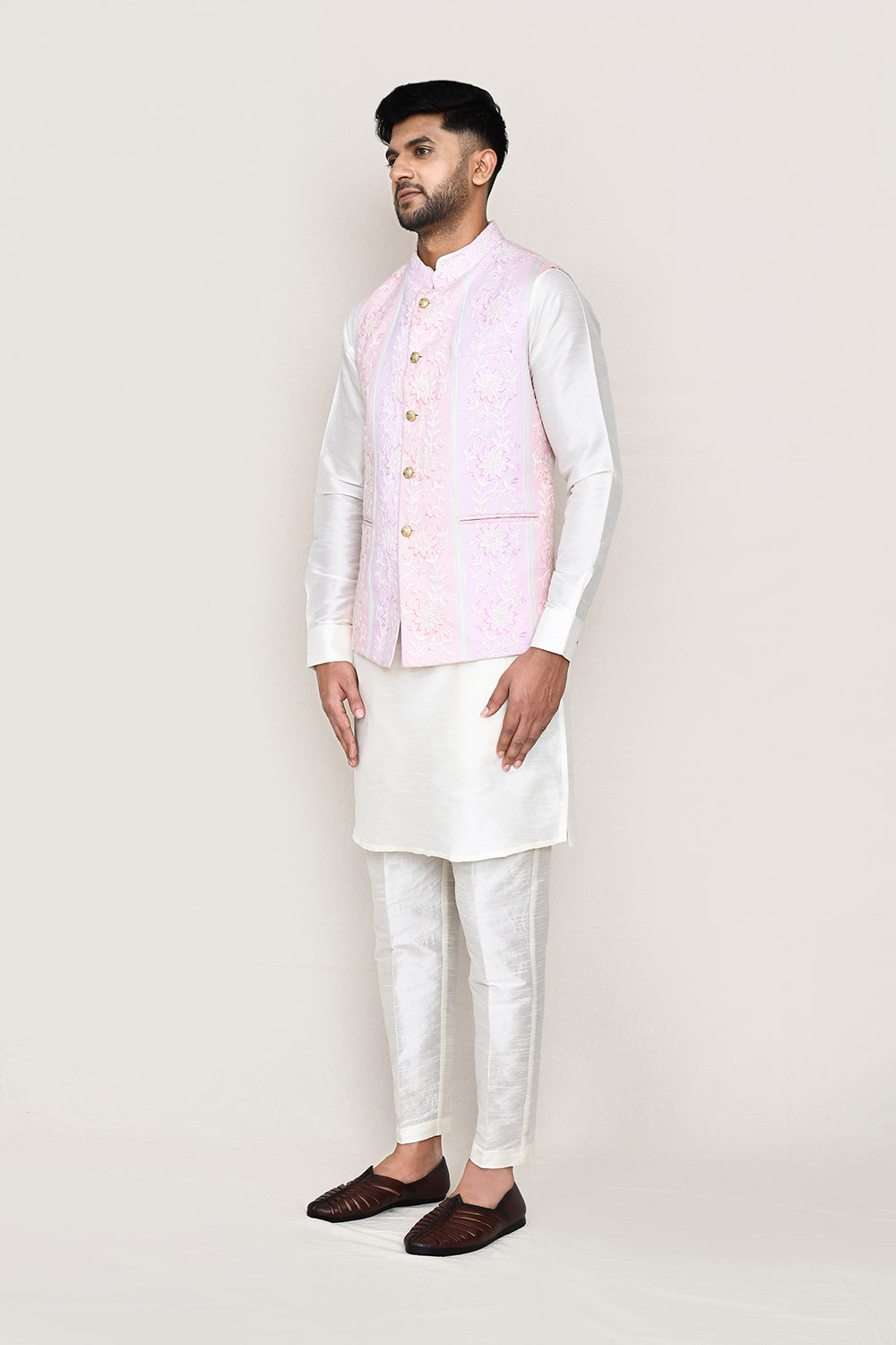 White Kurta with Straight Fit Pant And Jacket