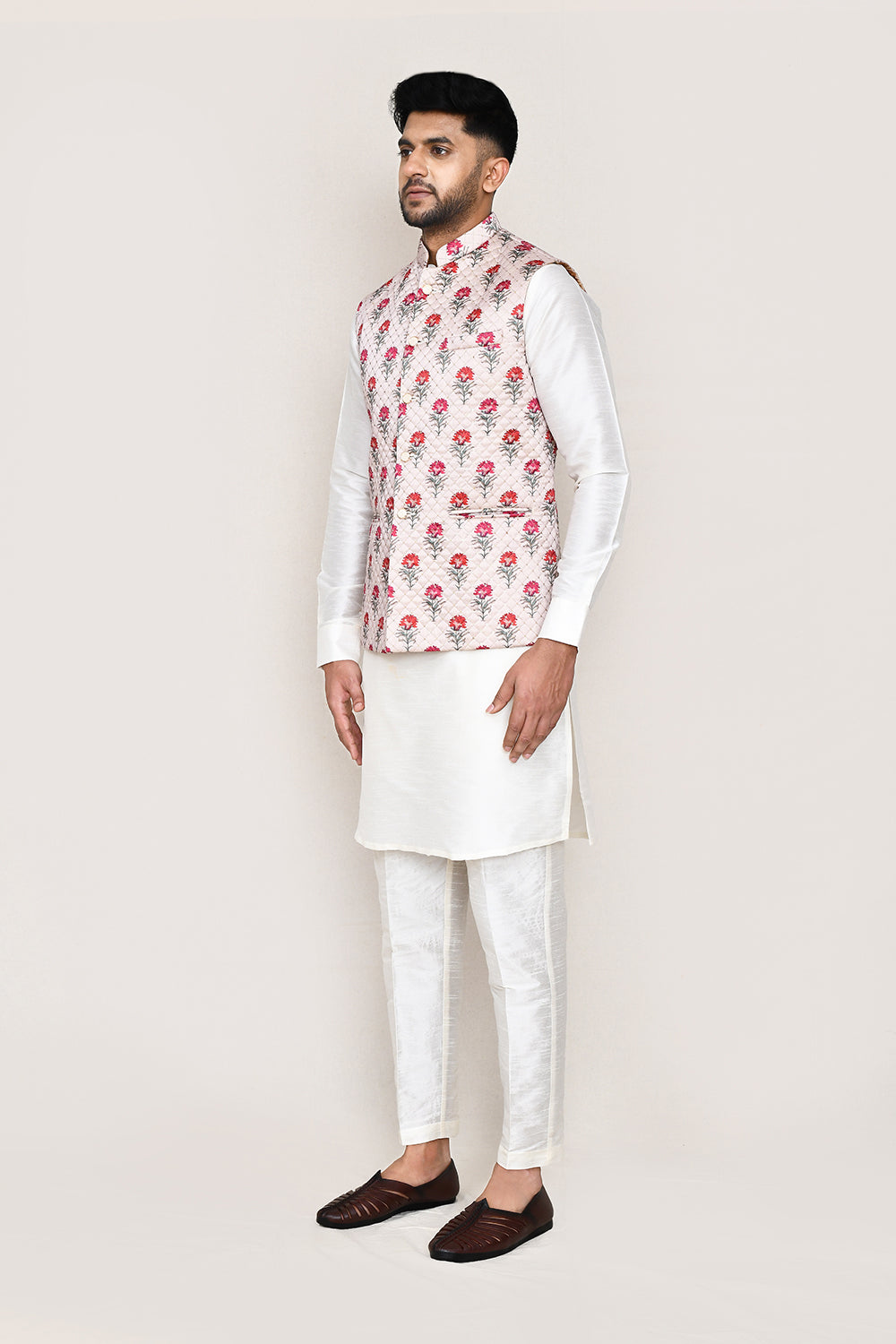 White Kurta with Straight Fit Pant And Jacket