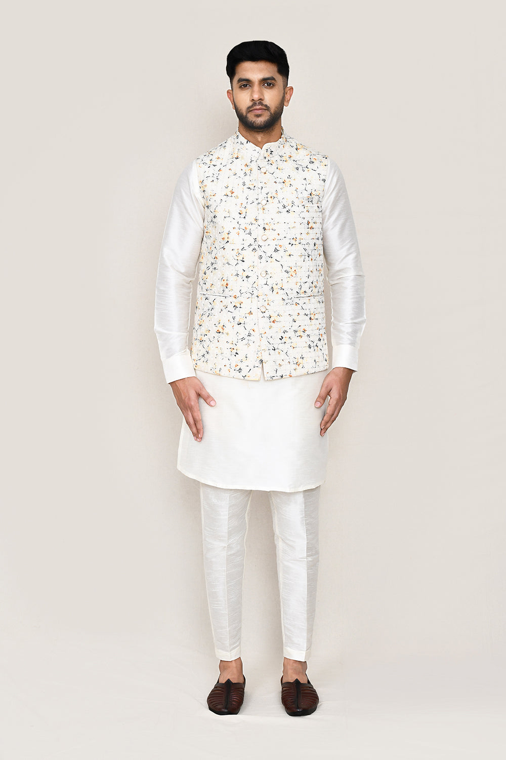 White Kurta with Straight Fit Pant And Jacket