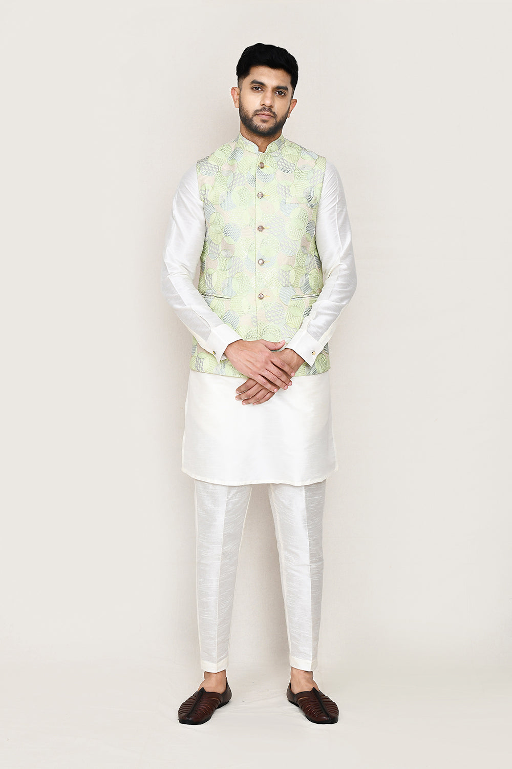 White Kurta with Straight Fit Pant And Jacket