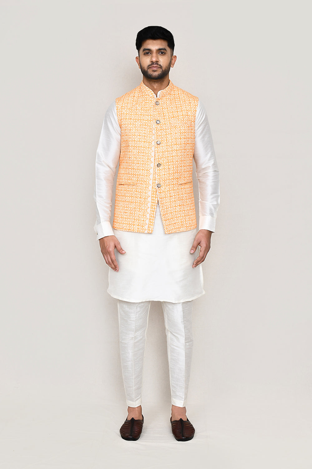 White Kurta with Straight Fit Pant And Jacket