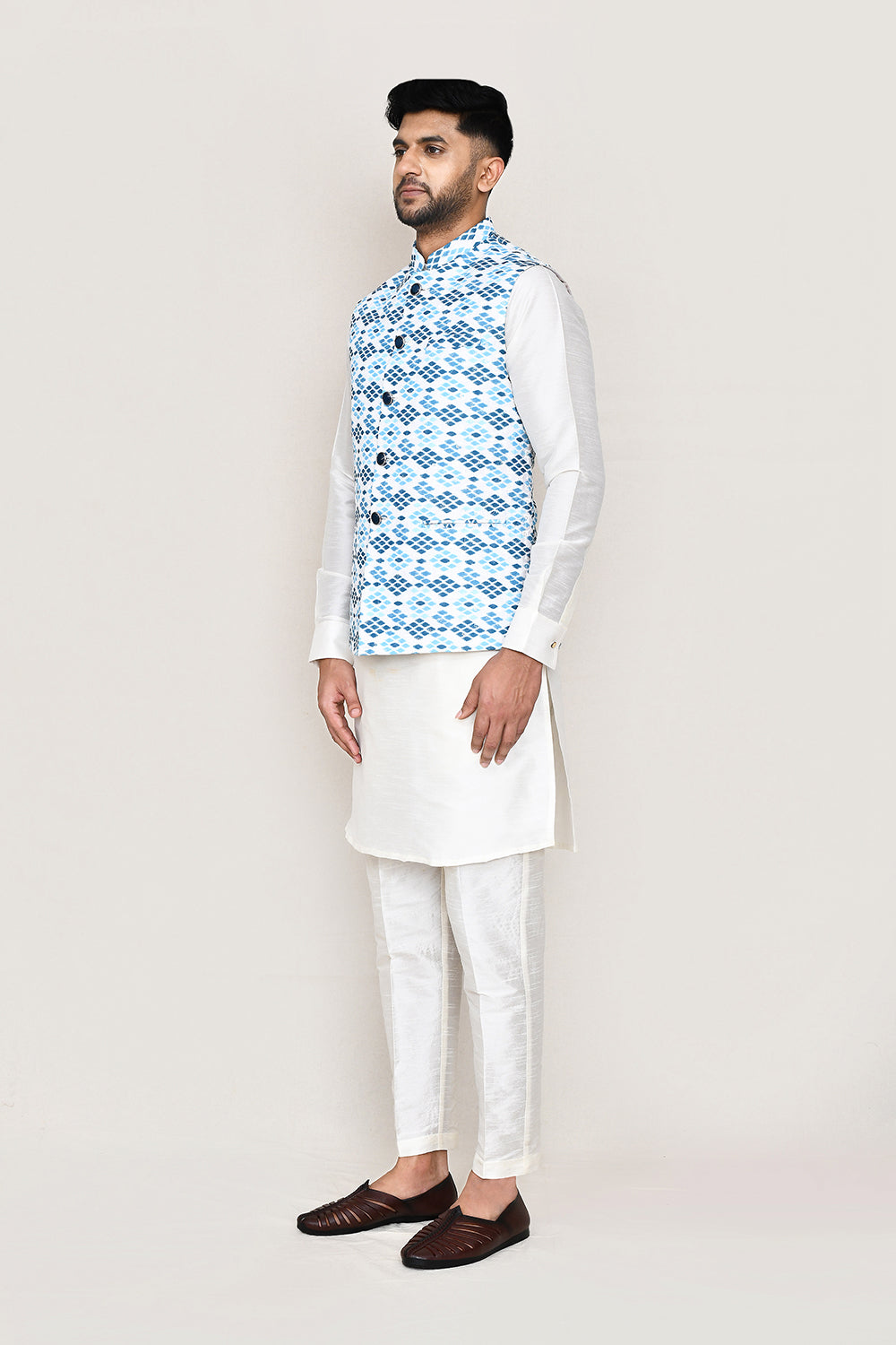 White Kurta with Straight Fit Pant And Jacket