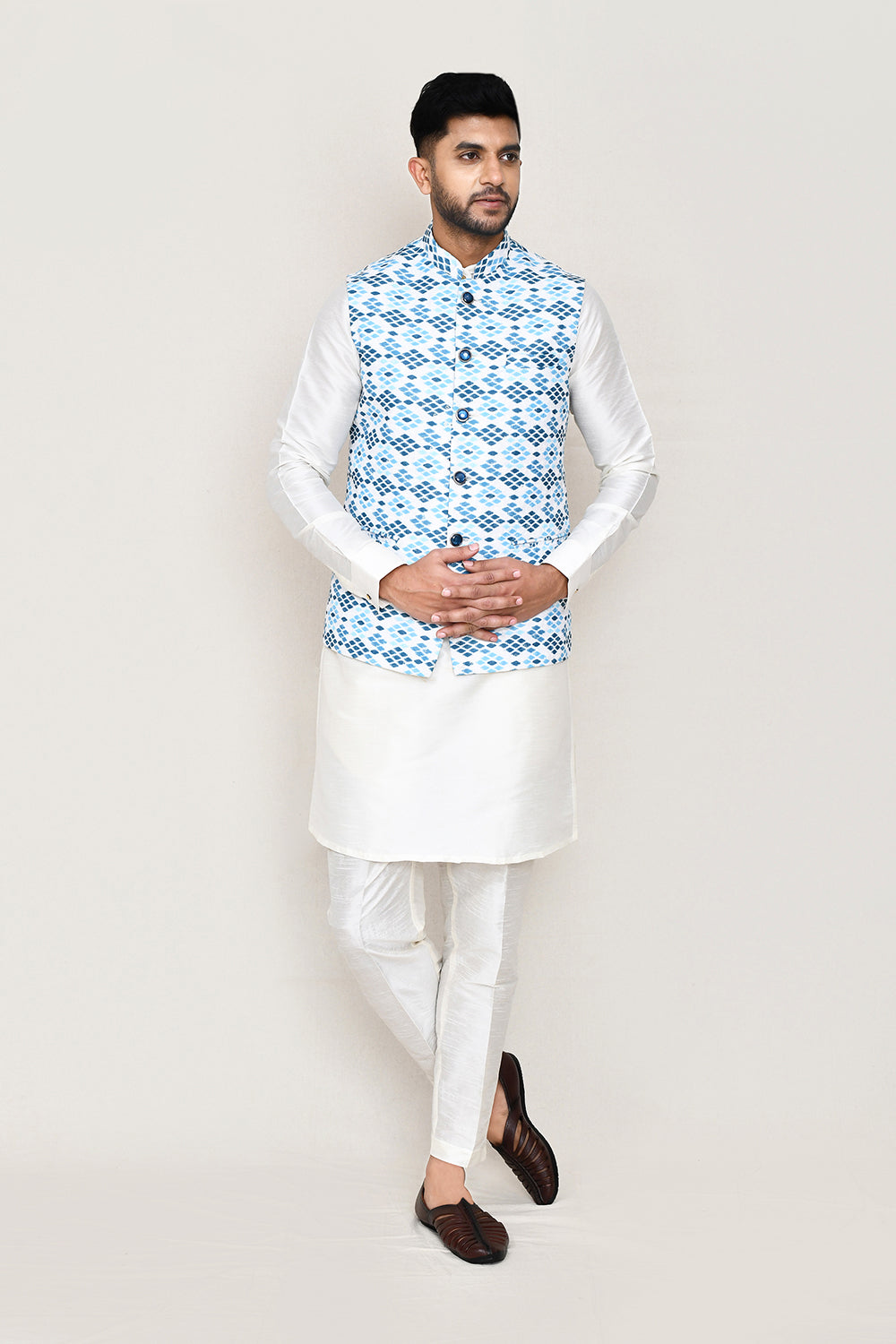 White Kurta with Straight Fit Pant And Jacket