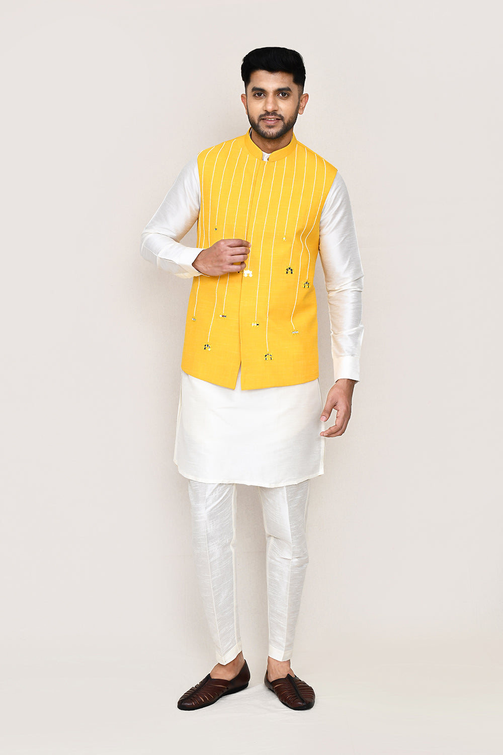 White Kurta with Straight Fit Pant & Jacket
