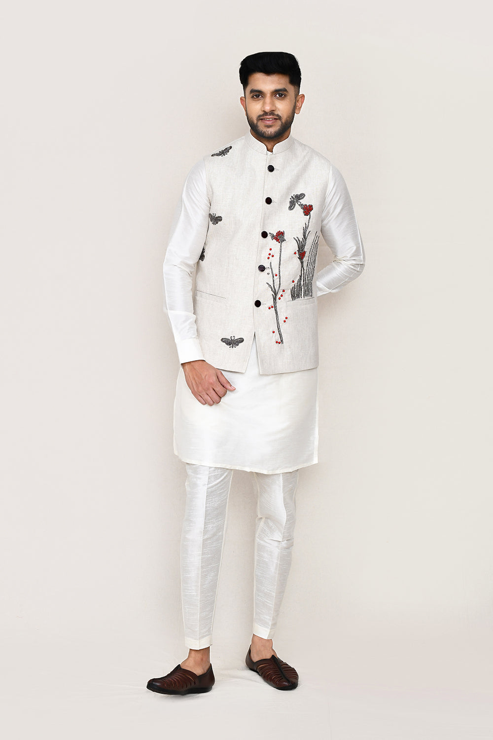 White Kurta with Straight Fit Pant & Jacket