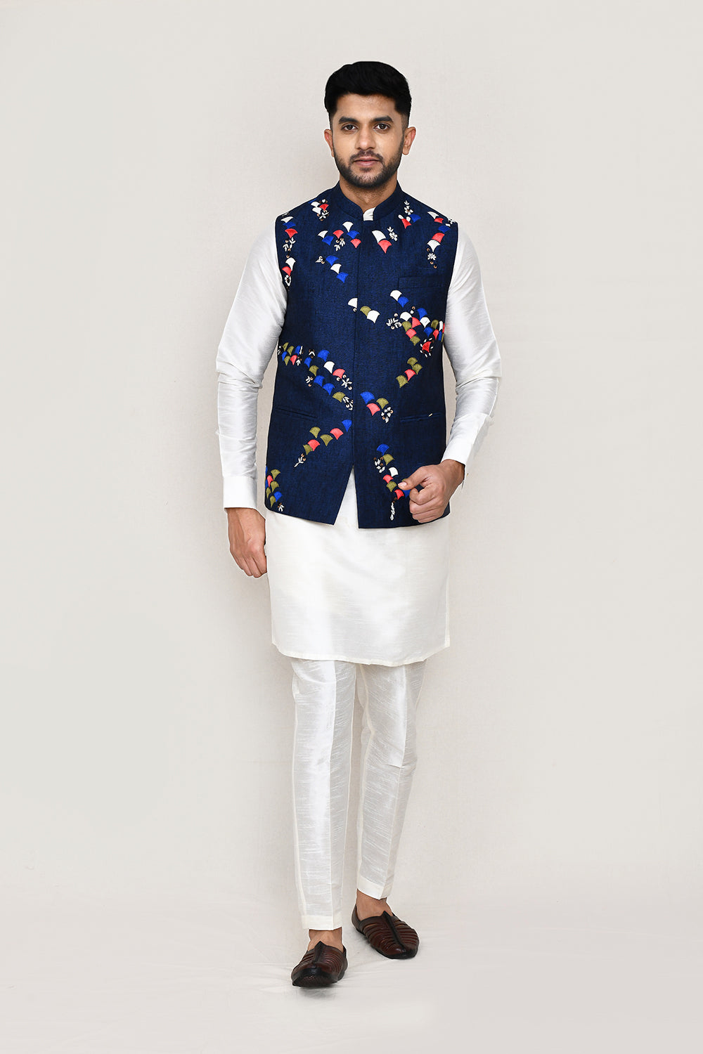 White Kurta with Straight Fit Pant & Jacket