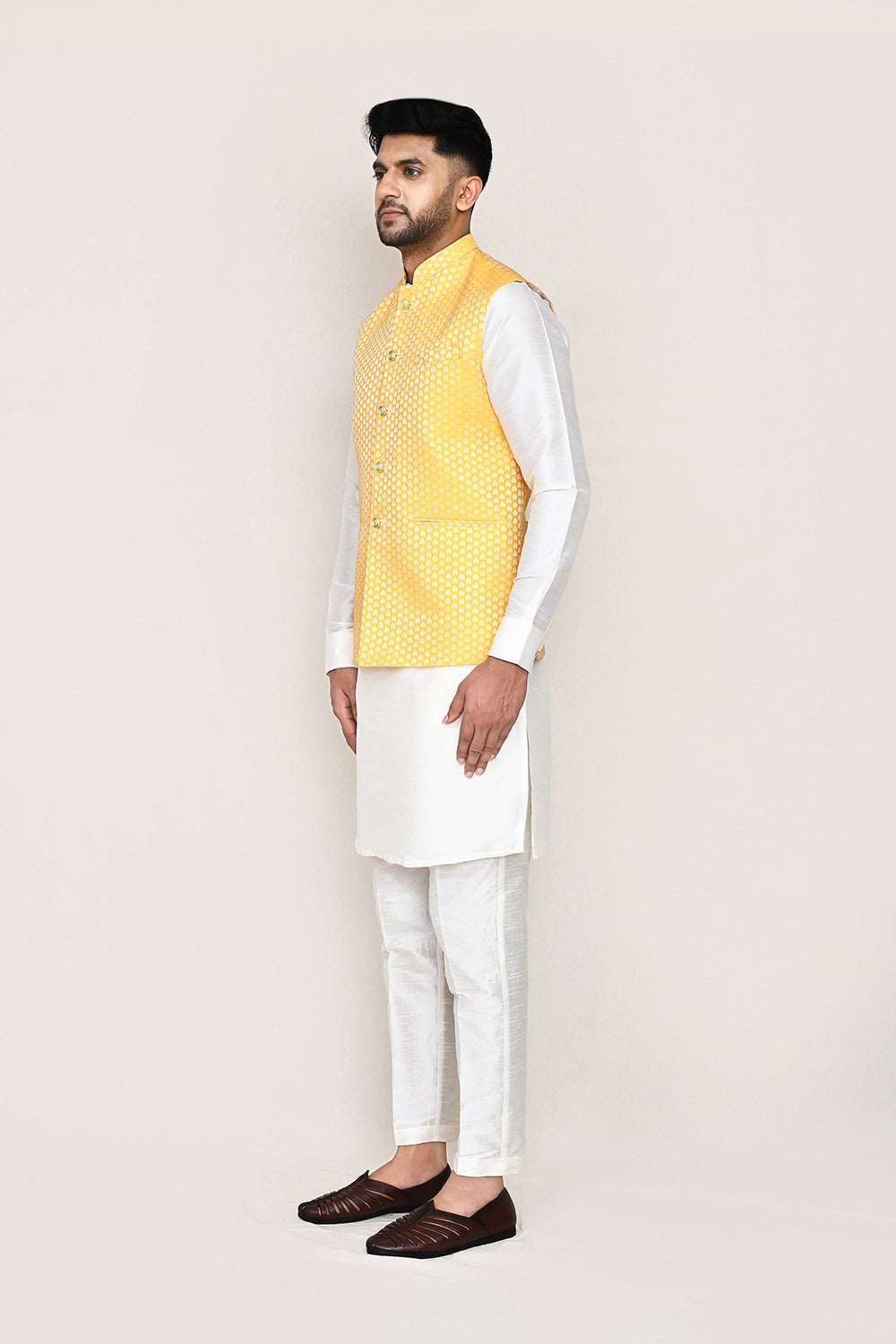 White Kurta with Straight Fit Pant And Jacket