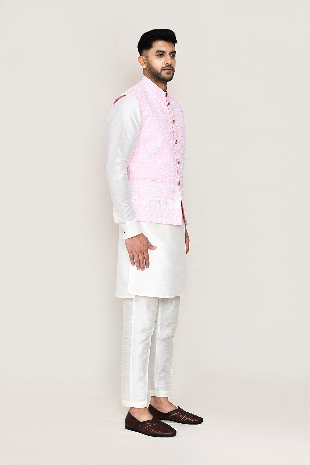 White Kurta with Straight Fit Pant And Jacket