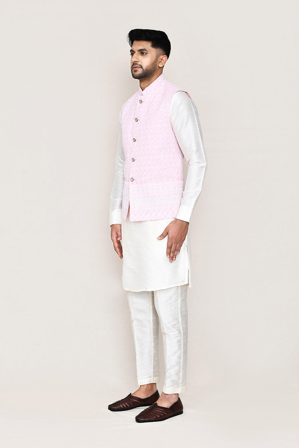 White Kurta with Straight Fit Pant And Jacket