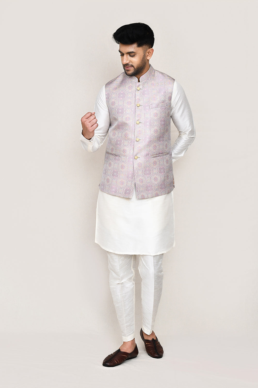 White Kurta with Straight Fit Pant And Jacket