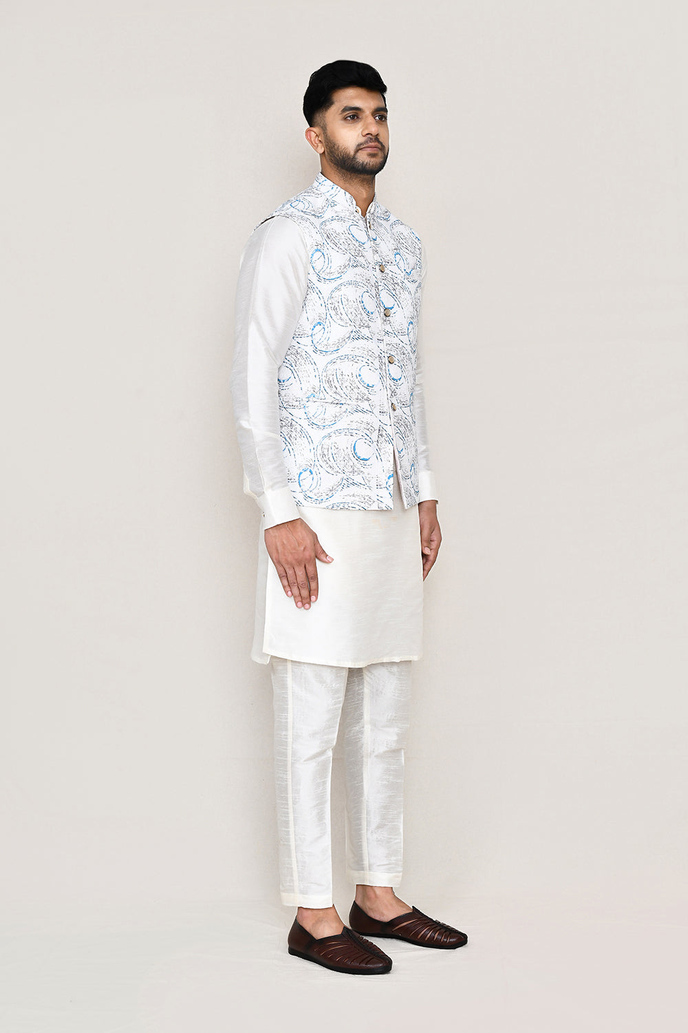White Kurta with Straight Fit Pant And Jacket