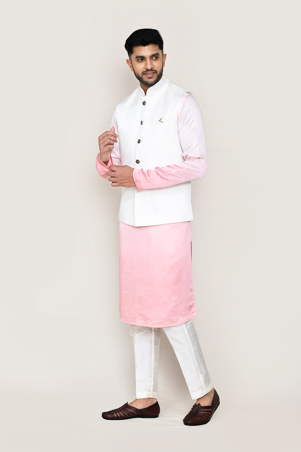 White Kurta with Straight Fit Pant And Jacket