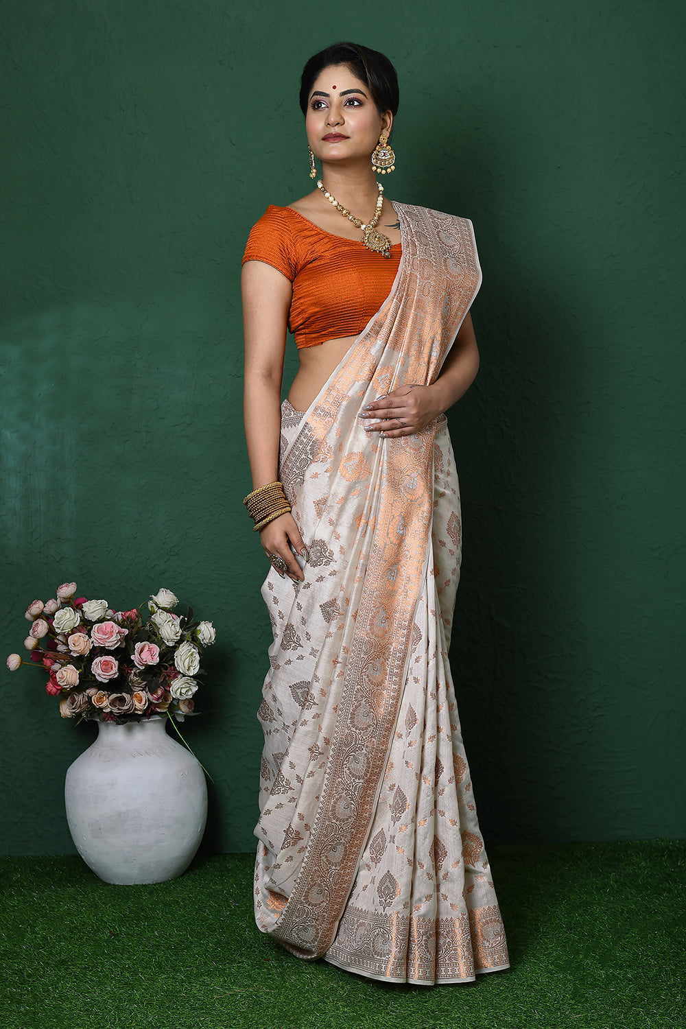 Off White Banarasi Silk Saree